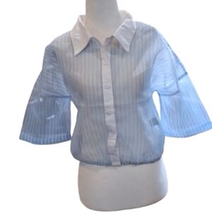 NWT KROIX Sheer Blue & White Button Down, Mid Sleeve, Gathered Waste Crop, Large